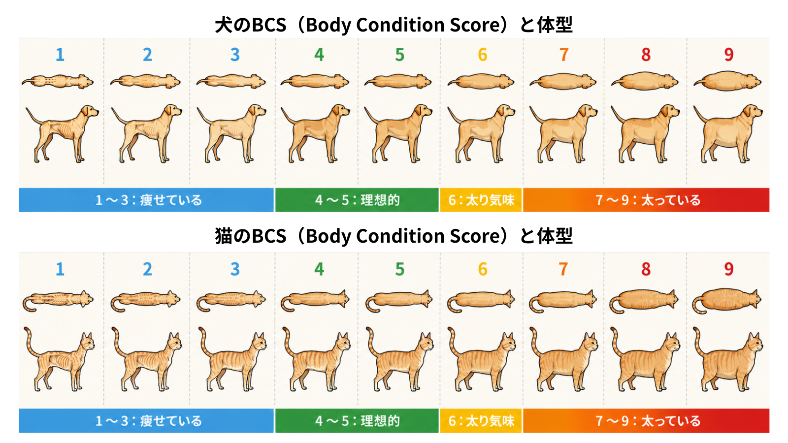 犬と猫のBCS（ボディ・コンディション・スコア）図解